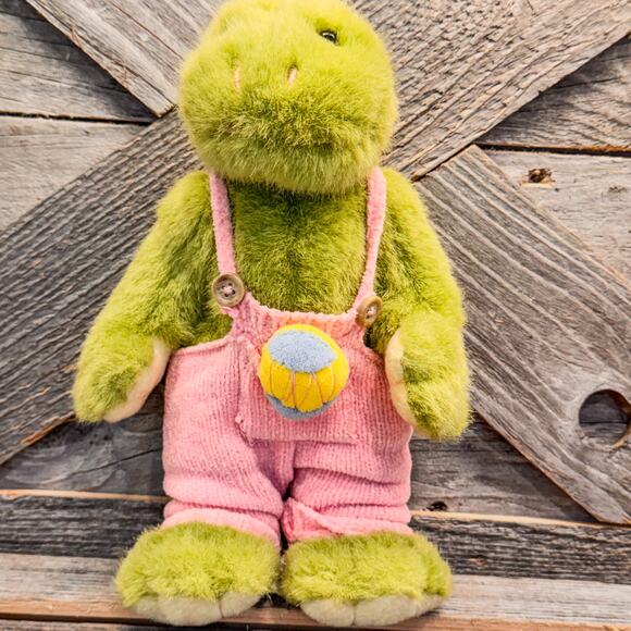 2001 Vintage Hugfun Plush Green Frog with Easter Egg in Pink Overalls, Rare, 9” - Picture 1 of 6